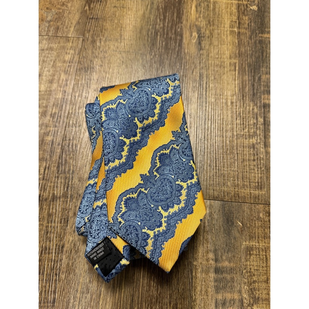 Stacy Adams Signature Gold Mens Paisley Necktie Blue Gold Microfiber Handmade